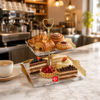 Support à gâteau en acrylique à 2 niveaux avec bordure dorée et poignée, présentoir à gâteau transparent pour mariage, anniversaire, table de desserts, vente en gros
