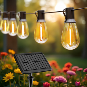 S14 100ft IP65 LED Solar <b>String</b> Waterproof Outdoor Garden 50 Bulbs 2700K Warm White Remote Control Dimmable Lithium Battery - Product Image 1