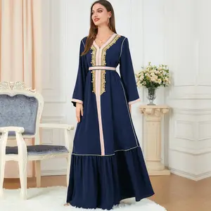 HC-3222 Middle East cross-border new women's wholesale long sleeve pleated skirt foreign trade embroidery stitching slim dress a