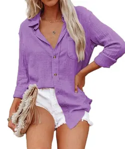 Purple Women's Button Down Shirt Roll Up Long Sleeve Casual Collared Tops Work Office Chiffon Blouse