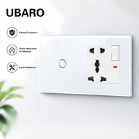 Interrupteur mural tactile UBARO 146 Type avec panneau en verre trempé, 2 touches, 5 broches, norme universelle, ignifuge PC+ABS, prise murale