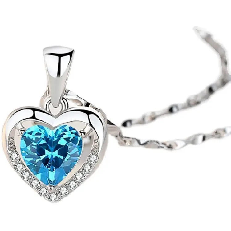 Valentines Day Silver Rhodium Plated Link Chain Love Heart Pendant Necklace Fashion Jewelry