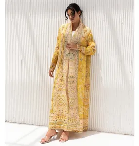 2024 Bohemian Hoge Kwaliteit Miyake Abaya Dubai Moslim Plooi Vrouwen Jurk Kalkoen Print Plus Size Losse Lange Jurk Vest Gewaad