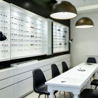 Meuble mural moderne noir et blanc pour présentation de lunettes, unité de rangement basse, table d'optométrie pour lunettes de soleil