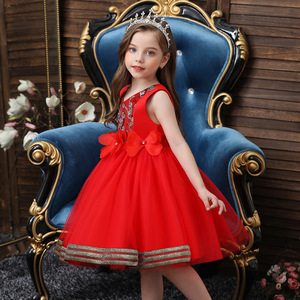 Robe de princesse brodée sans manches à col en V pour filles, Costume de spectacle rouge, robe pour enfants, automne 2020 - Product Image 3