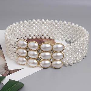 Lujo Retro Full Pearl Diamond Hebilla Elástico Wid Cintura Cadena Mujeres Pearl Belt - Product Image 5