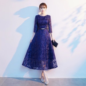 Blue Lace Evening Gown O-Neck 3/4 Sleeve Navy Blue Vintage Style For Banquet Wedding Mother Of Bride Dress - Product Image 2