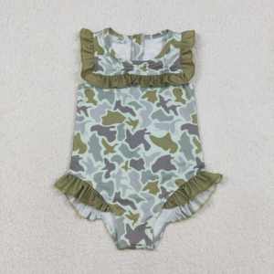 S0596 personnalisé petite fille active vert camo imprimé tenues enfants en gros fille enfant sans manches maillot de bain ensemble - Product Image 6