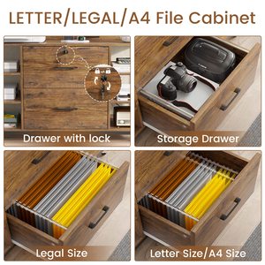 SENYU Industrial <b>Wooden</b> <b>Filing</b> <b>Cabinet</b> with 2 Lockable Drawers and Open Shelves for Home Office Storage - Product Image 4
