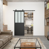 Porte coulissante de grange 3Lites avec panneau de rebord, style loft, en acier noir et verre, porte intérieure double à cadre en fer cannelé avec verre
