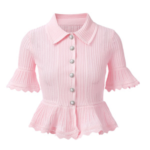 2026 Sommer Rosa Tweed Revers-Rüschen-Kurzarm-Oberteil mit Spitzen-Halbrock-Set – Elegantes Freizeit-Outfit für Damen - Product Image 4