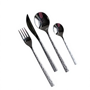 Ensemble de 4 couverts en acier inoxydable avec manche martelé et finition miroir, fourchette, couteau, cuillère, fournitures de restaurant, écologiques - Product Image 1