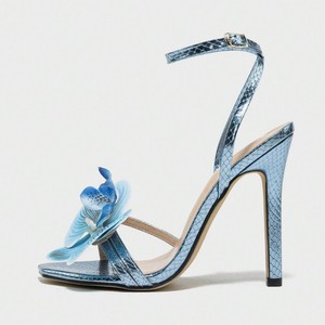 Zapatos de Tacón Alto con Correa en el Tobillo, de Cuero Sintético Azul, con Decoración Floral, Punta Abierta, Tendencia de Moda de Verano - Product Image 6