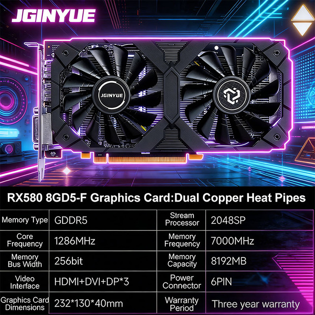 Jginyue RX580 8GD5-F Graphics Card:Dual Copper Heat Pipes  GPU PCI Express Desktop with Fan Cooler New USB D P Output Interface