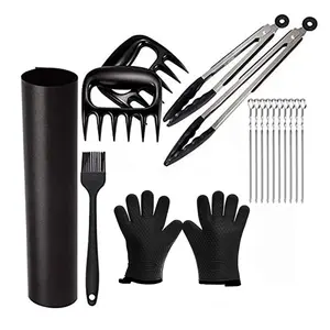 Hot Selling Bbq Gereedschap Set Inbegrepen Bbq Grill Handschoenen Vlees Klauwen Siliconen Insmeerborstel Voedseltangen Bbq Grillen Mat Kebab spies