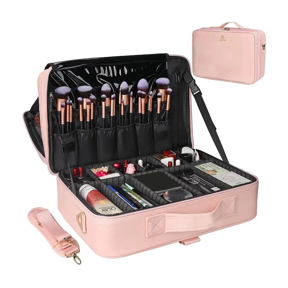 Relavel Pink Makeup Storage Professional Makeup Bag Leather Cosmetic Vanity Organizer with Dividers