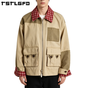 Chaqueta Reversible Personalizada 100% Algodón Orgánico con Forro a Cuadros, Ropa de Trabajo Utilitaria, Abrigo Cargo con Bloques de Color y Pliegues Cuadrados, Venta al por Mayor a Granel - Product Image 1