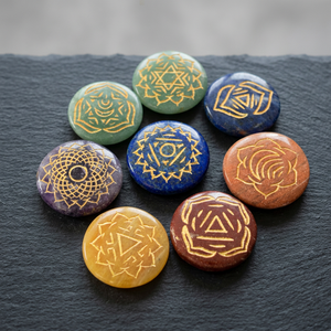 Handmade Gemstone <b>Chakra</b> Stones <b>Set</b> Carved With Sacred Symbols Circle Shape Art Collectible Reiki Theme - Product Image 4