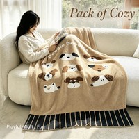 Plaid Doux et Réversible en Velours Semi-Texturé, Motif Famille de Chiots de Dessin Animé, Art Canin Camel Cream, pour la Détente, la Lecture, la Maison et le Salon