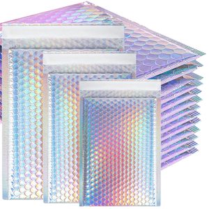 MXW Custom Logo Padded Envelope Shipping Bag 4X8 6X10 Iridescent Holographic Poly Bubble Mailer Metallic Packaging Bag Holo - Product Image 1
