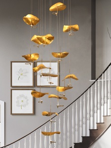 Gold <strong>Copper</strong> Hanging <strong>Lamp</strong> Hotel Modern High Ceiling Chandelier Handmade Lotus Leaf Staircase Duplex Hall Pendant Light - Product Image 4