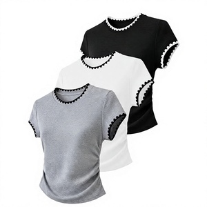 T-shirt da <span class=keywords><strong>donna</strong></span> a maniche corte girocollo con finiture in <span class=keywords><strong>pizzo</strong></span>, tinta unita, vestibilità slim, top casual primavera estate in cotone lavorato a maglia con stampa serigrafica - Product Image 1