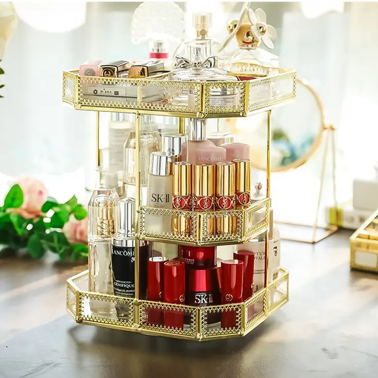 Gold Makeup display rack Perfume Cosmetics Storage Box Glass Transparent Rotate Desktop cabinet Metal Makeup Hold