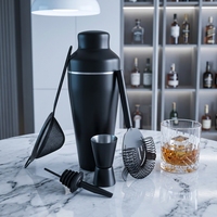 Ensemble de bar à cocktails français en acier inoxydable noir mat, très vendu, mixologie moderne, kit de barman écologique, capacité de 600 ml, 6 pièces