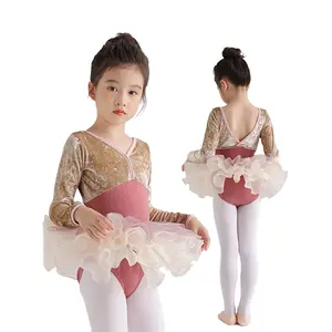 V Neck Comfortable Spandex Long Sleeve Dancewear Children Kids Soft Velvet Grading Leotards and Training Clothing Girls