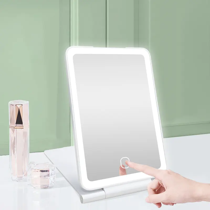 Usb Rechargeable 1000mah Battery Touch Screen Brightness Led Lights Foldable Ipad Shape Travel Portable Makeup Mirror With Light