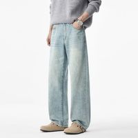 Pantalon en jean bleu clair pour homme - Collection Automne/Hiver, style américain, coupe droite, effet usé, tendance, marque rétro, pantalon long