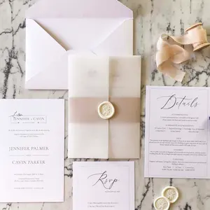 Baixo Moq Luxo Cartão Do Convite Do Casamento com Selo De Cera Vellum Papel Noiva Noivo Casamento Negócio Moderno Cartão Do Convite Do Casamento