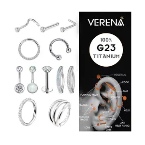 Conjunto de joias de piercing para mulheres, joia de metal dourado com corpo em aço inoxidável, orelha, umbigo, barriga, nariz e titânio, conjunto G23