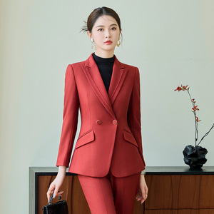 Women's Suit Set Polyester Worsted Full Sleeve Anti-Wrinkle Office Lady Autumn Red Orange Color Option - Product Image 2