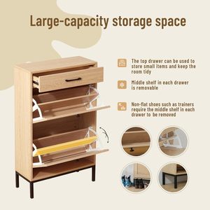 Rattan Shoe Cabinet <strong>Storage</strong> with <strong>Drawers</strong> and 2 Doors Natural Wooden Entryway <strong>Storage</strong> Cabinet <strong>Slim</strong> - Product Image 3
