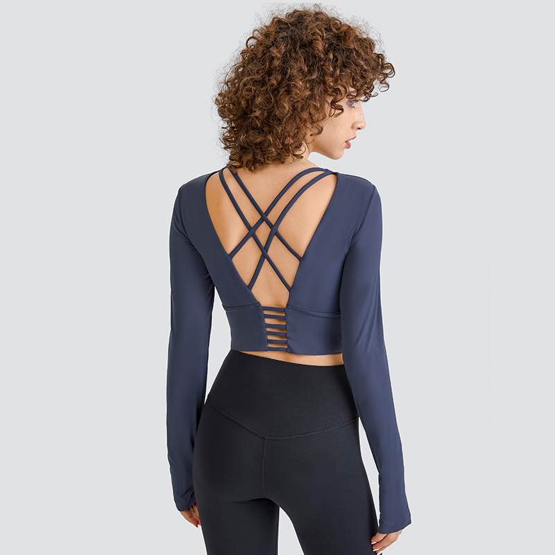 Wholesale New Design Breathable Eco-Friendly Thumb Hole Cuffs Yoga Tops Activewear Long Sleeve Back Cross Strap Women's