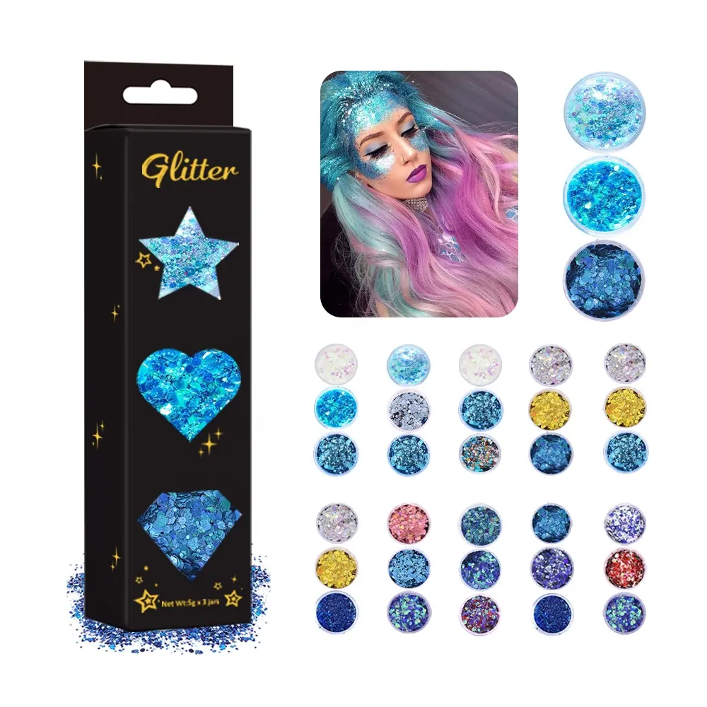 Wholesale Ocean Blue Polyester Holographic Bulk Glitter Cosmetic Chunky Face Body Glitter for Party Makeup
