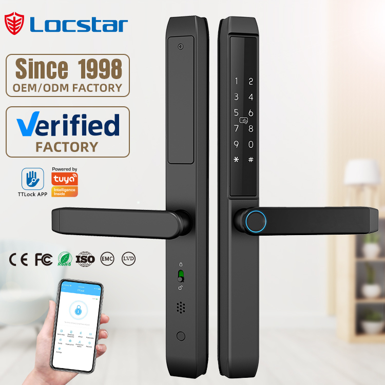 Locstar TTlock App Wifi Digital Fingerprint Aluminum Steel Double Side Sliding Glass Smart Door Lock for European