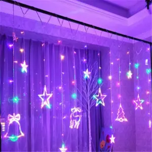 Fiesta de Navidad en casa de ventana interior decoración de árbol de Navidad alce Bell cortina luces de cadena