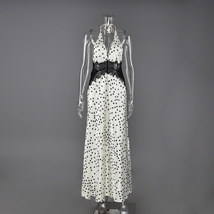 Abito da sera lungo elegante da donna 2026 di lusso, sexy, con scollo <span class=keywords><strong>a</strong></span> V, <span class=keywords><strong>a</strong></span> <span class=keywords><strong>pois</strong></span>, con allacciatura al collo, senza schienale, patchwork in pizzo - Product Image 5
