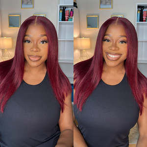 Pelucas con cierre de encaje súper doble de 18 pulgadas lujosa Peluca de cabello humano recto de seda HD 6X5 sin pegamento en rojo vino 99j - Product Image 1