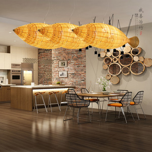 Bamboo <b>Fish</b> Shaped Pendant <b>Lamp</b> Oval E27 LED Gold Chandelier For Restaurant And Home Decor ZD-009 - Product Image 1