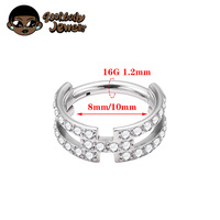Anneau de piercing en titane ASTM F136 G23 à double rangée de zircone cubique, type Huggie Clicker, pour cartilage, hélix, tragus