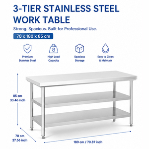 Commercial 3 Tier Stainless Steel <b>Prep</b> <b>Table</b> with Round Legs, Heavy Duty <b>Kitchen</b> Workstation with Storage Shelves for Catering - Product Image 2
