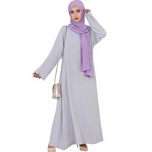Women Light Gray Solid Color <b>Abaya</b> Long Sleeve Round Neck Floor Length Modest Dress Middle East Style Lightweight Polyester - Product Image 1