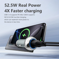 Adaptateur de chargeur de voiture portable en alliage de zinc USB-A PD à charge rapide PD 3.0 52,5 W pour ordinateur portable et appareil photo avec ports Type-C et USB
