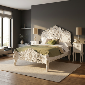 Rococo-cabecero francés de caoba maciza, cama tamaño King, Marco tallado - Product Image 2