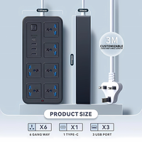 Multiprise électrique longue de 3 m, 6 prises, 3 ports USB, en cuivre, indice IP44, courant nominal 10A/16A, pour usage domestique et professionnel, prises UK, EU, AU