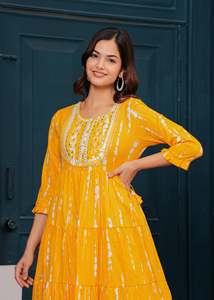 Bata elegante hermosa de algodón con bordado amarillo cromado Lurex Anarkali precio al por mayor colección de diseñador - Product Image 5
