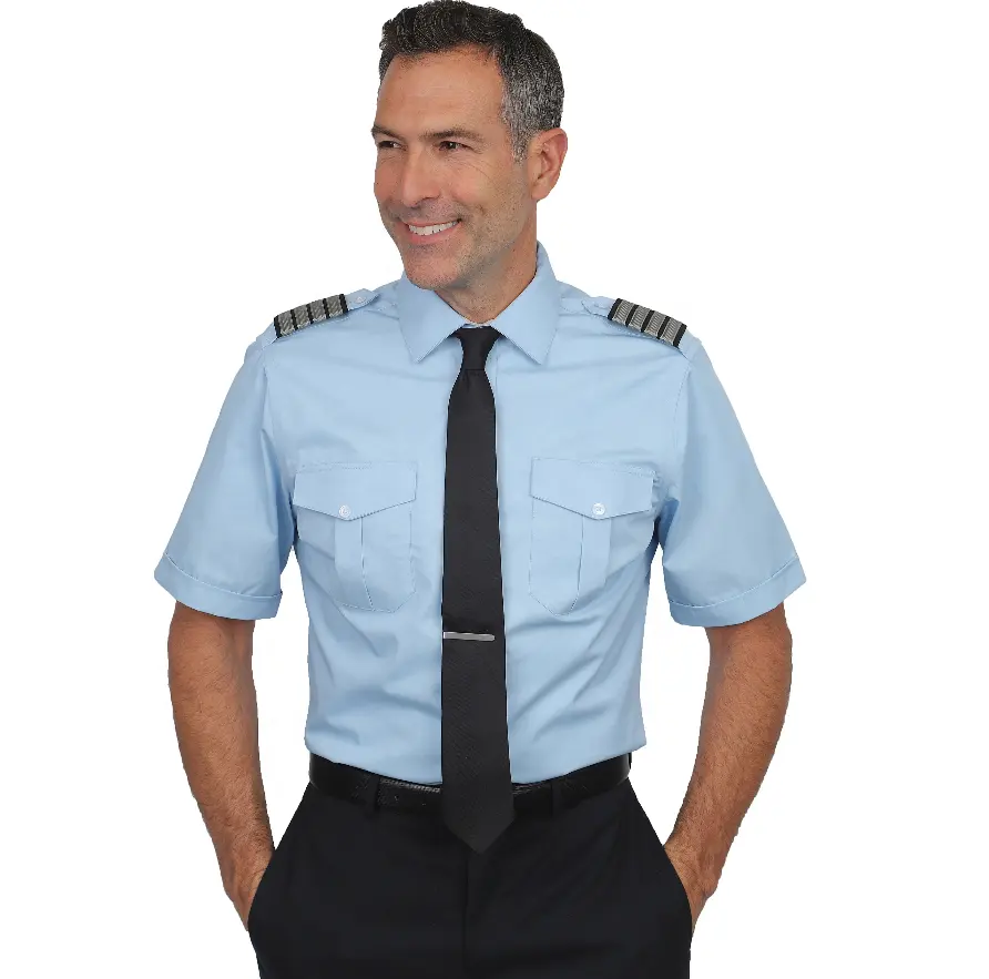 Classical design custom polycotton fabric mens custom design short sleeve blue airline pilot uniform shirts